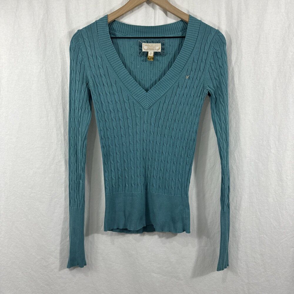 American Eagle Y2K Blue Vneck Cableknit Cotton Sweater Womens Sz S Preppy